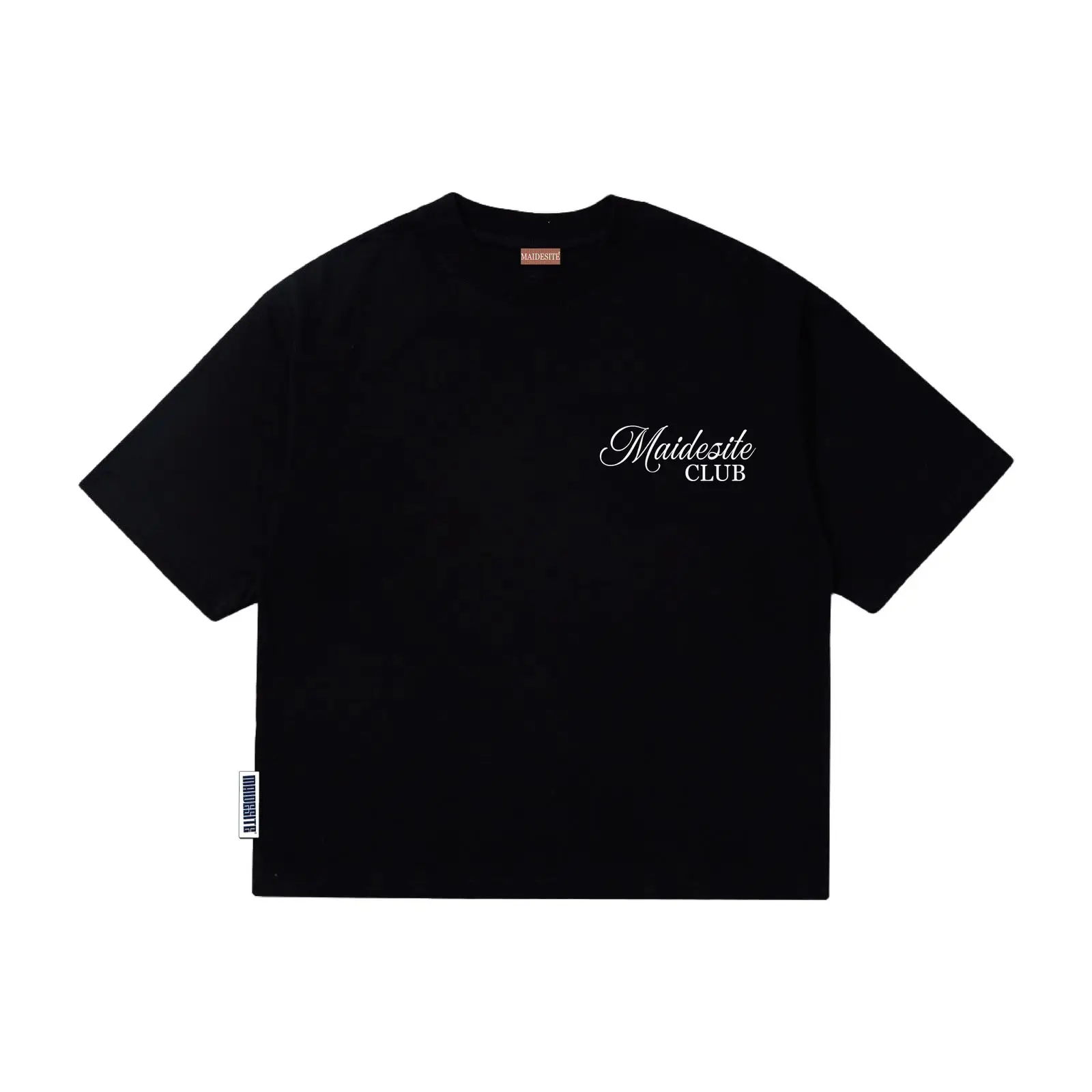 White oversized tee with Maidesite script logo on chest