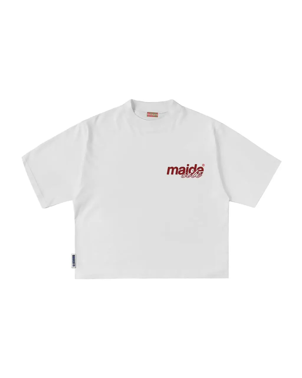 White tee with blue distorted sweet mouth graphic on back