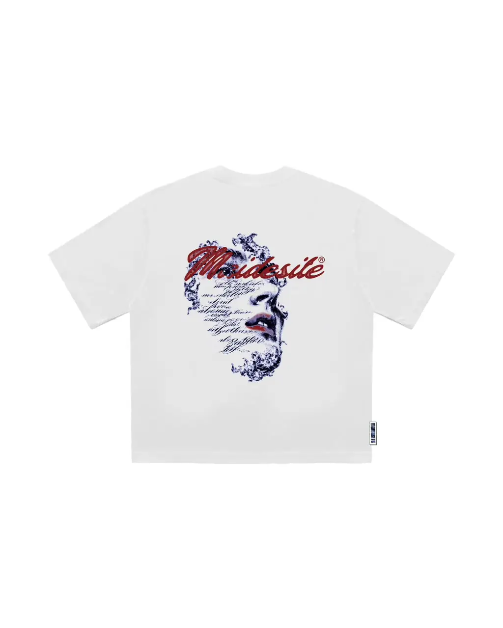 White tee with blue distorted sweet mouth graphic on back