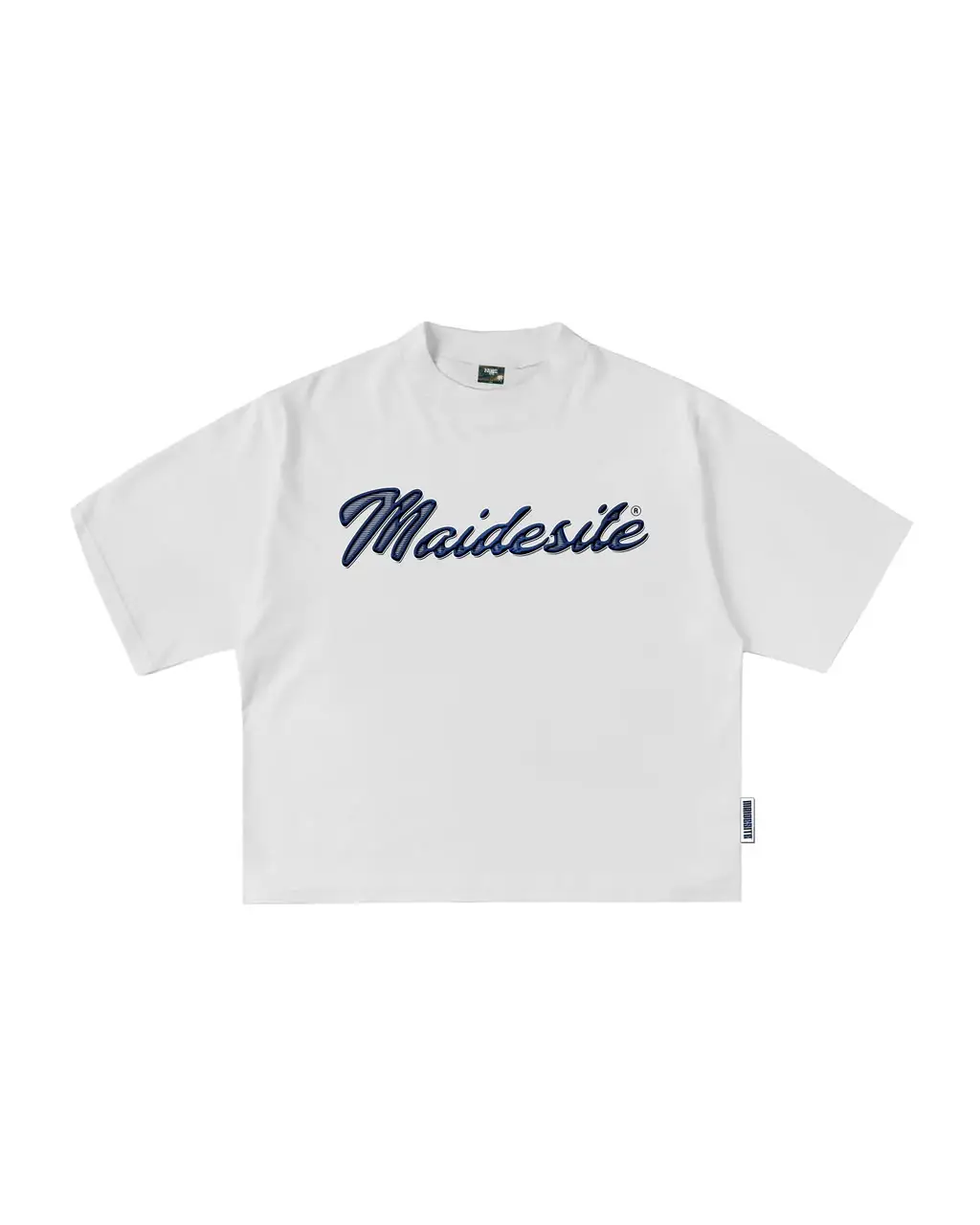 White tee with red Maidesite script and face graphic on back